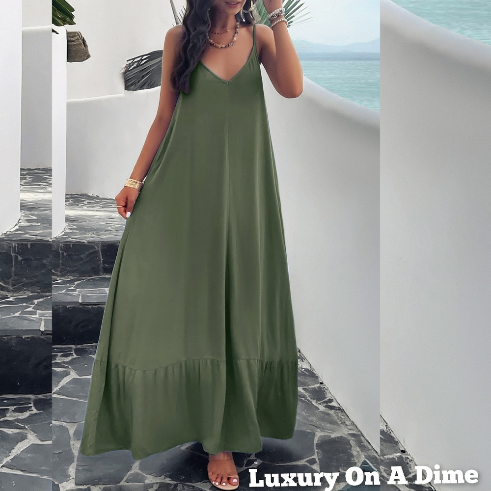 Oversized Pocket Casual Sleeveless V-Neck Low Back Long Summer Maxi Dress - Picture 3 of 12